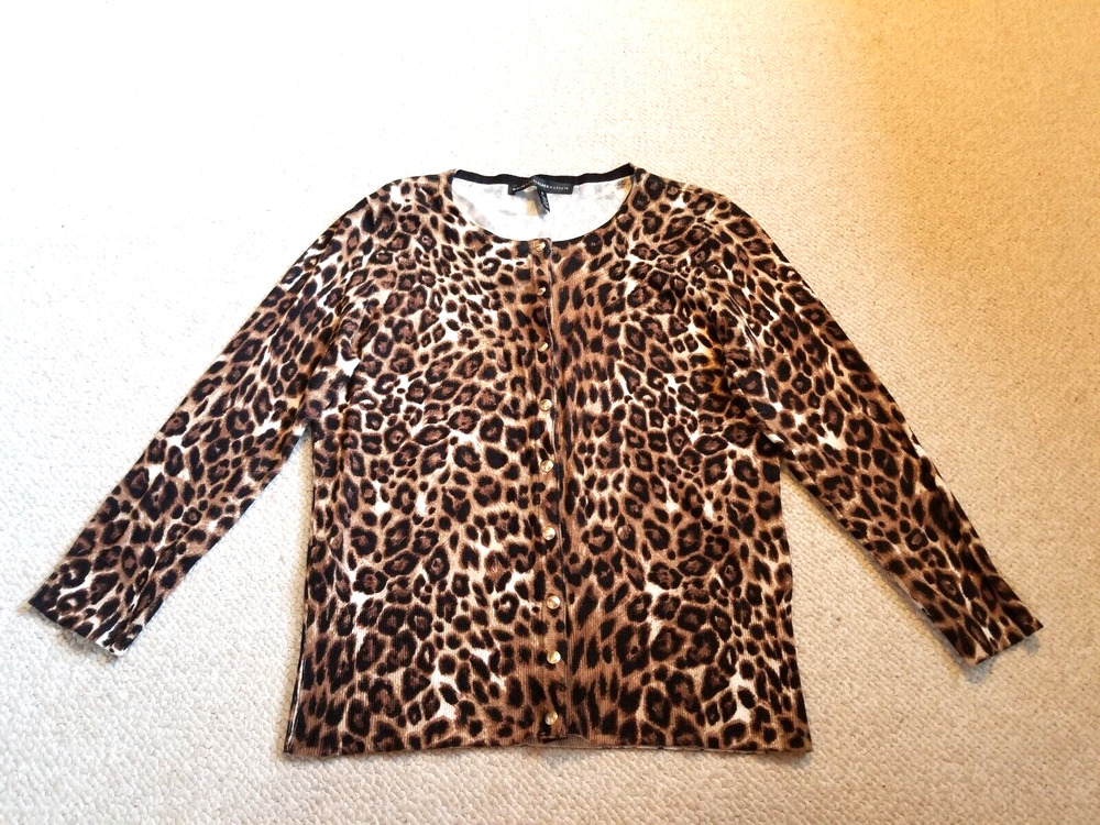 Womens Sweater-WHITE HOUSE BLACK MARKET-brown animal print cardigan Mob Wife-S